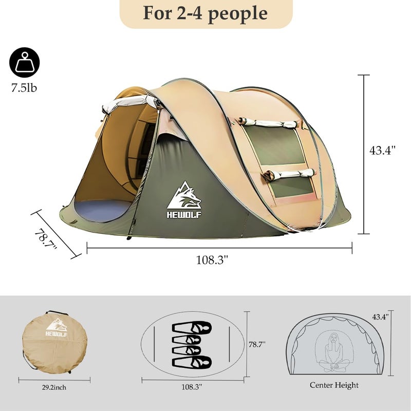 HEWOLF 3-4 Person Pop Up Tents for Camping Easy Set Up Pop Up Tent Waterproof Portable Tent Automatic Setup with 2 Bigs Doors Family Tents for Hiking (Yellow) - Image 2