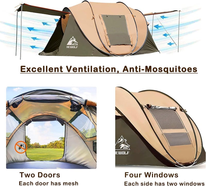 HEWOLF 3-4 Person Pop Up Tents for Camping Easy Set Up Pop Up Tent Waterproof Portable Tent Automatic Setup with 2 Bigs Doors Family Tents for Hiking (Yellow) - Image 3