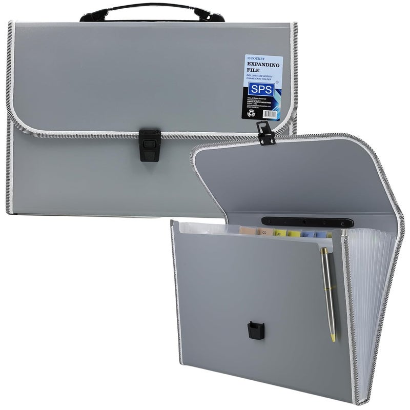 sps 13 Pocket Expanding File Folder with Buckle Closure,Label Index and Handle for A4/Foolscap/Legal Documents (Grey) - Image 1