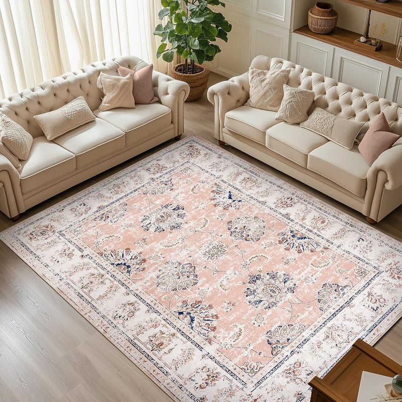 jinchan Area Rug 366x274CM Boho Carpet Pink Washable Large Mat Indoor Soft Distressed Foldable Floor Cover Thin for Bedroom Living Room Dining Room Office - Image 1