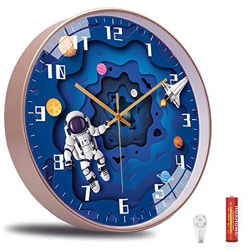 QINFIEY 12 Inch Silent Movement Kids Wall Clock Non Ticking Children Round Wall Clock Battery Operated Space Travel Style Decor Children Clock for School Boys Bedroom Living Room Space Decor Blue - Image 3