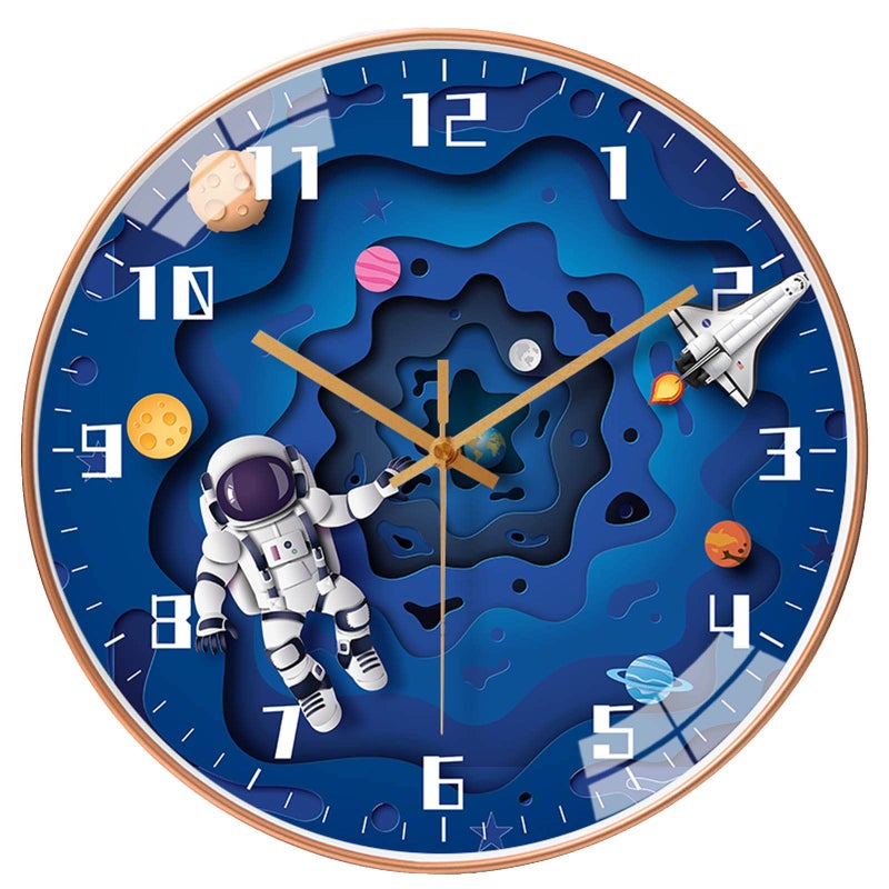QINFIEY 12 Inch Silent Movement Kids Wall Clock Non Ticking Children Round Wall Clock Battery Operated Space Travel Style Decor Children Clock for School Boys Bedroom Living Room Space Decor Blue - Image 2