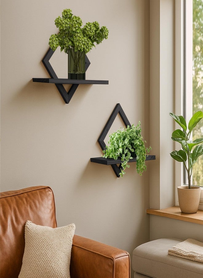 PHOENANCEE Floating Shelves for Wall,Decorative Wall Shelf,Hanging Shelf for Plants Storage Display Holder,Indoor Decor for Living Room Home Office Bathroom Bedroom,Solid Wood,Diamond Shaped,2 Pack(Black) - Image 2