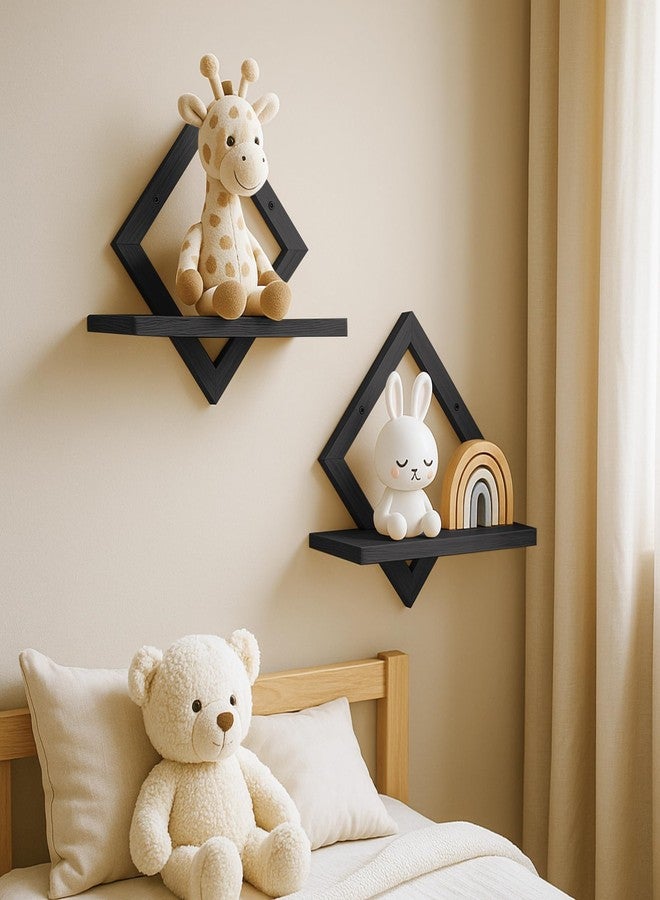 PHOENANCEE Floating Shelves for Wall,Decorative Wall Shelf,Hanging Shelf for Plants Storage Display Holder,Indoor Decor for Living Room Home Office Bathroom Bedroom,Solid Wood,Diamond Shaped,2 Pack(Black) - Image 3