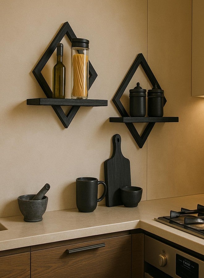 PHOENANCEE Floating Shelves for Wall,Decorative Wall Shelf,Hanging Shelf for Plants Storage Display Holder,Indoor Decor for Living Room Home Office Bathroom Bedroom,Solid Wood,Diamond Shaped,2 Pack(Black) - Image 4