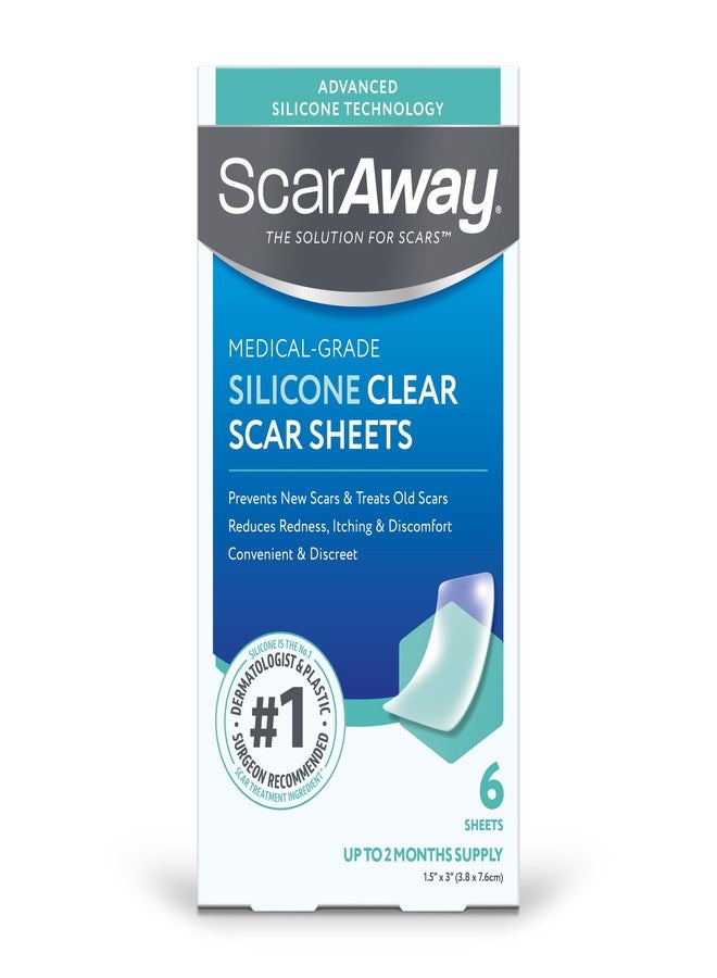 ScarAway Advanced Clear Silicone Scar Sheets, Medical Grade Silicone Strips (1.5" x 3") Scar Treatment and Prevention for Surgical, Burn, Body, Hypertrophic & Keloid Scar Treatment, 6 Clear Sheets - Image 1