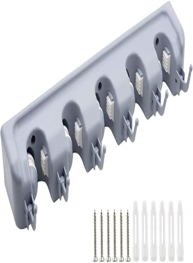 BokWin Mop and Broom Holder, Multipurpose Wall Mounted Organizer Storage Hooks, Ideal Tools Hanger for Kitchen Garden, Garage, Laundry Room (5 Position 6 Hooks)