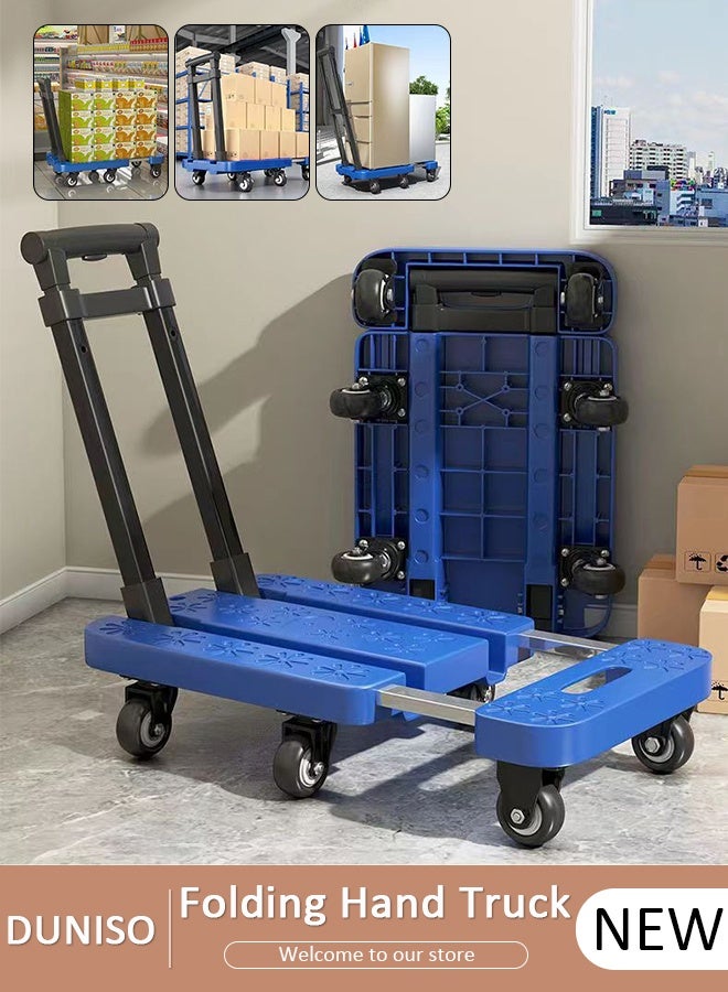 DUNISO Folding Hand Truck, Heavy Duty Luggage Cart with Extendable Handle, Utility Dolly Platform Cart with 6 Removable Wheels and Elastic Ropes, Portable Trolley for Luggage, Travel, Moving, Shopping, Office Use - Image 1