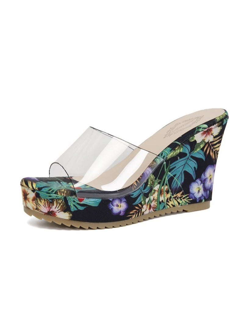 Rup Art Floral Print High Heel Transparent Platform Wedges Sandals Women Fashion High Heels Female Summer  - Image 1