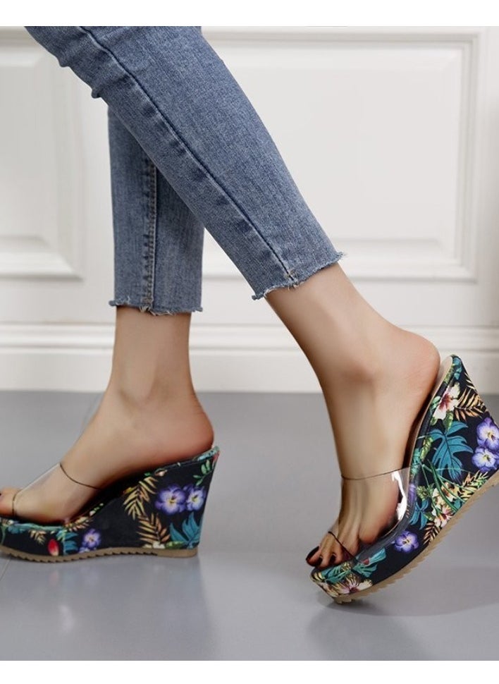 Rup Art Floral Print High Heel Transparent Platform Wedges Sandals Women Fashion High Heels Female Summer  - Image 2