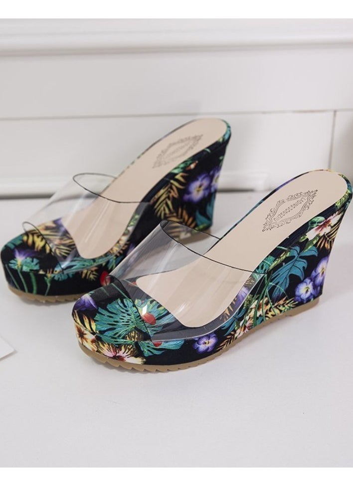 Rup Art Floral Print High Heel Transparent Platform Wedges Sandals Women Fashion High Heels Female Summer  - Image 3