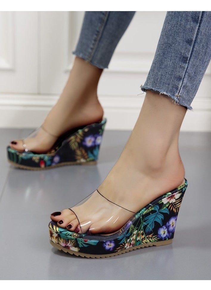 Rup Art Floral Print High Heel Transparent Platform Wedges Sandals Women Fashion High Heels Female Summer  - Image 4