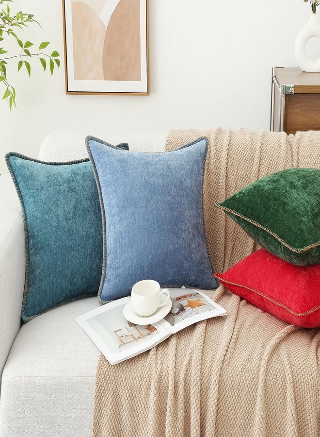 decorUhome Spring Chenille Soft Cozy Throw Pillow Covers 16x16 Set of 2, Modern Farmhouse Boho Velvet Decorative Pillow Cases with Stitched Edge for Couch Sofa Bed Home Decor, Blue - Image 5