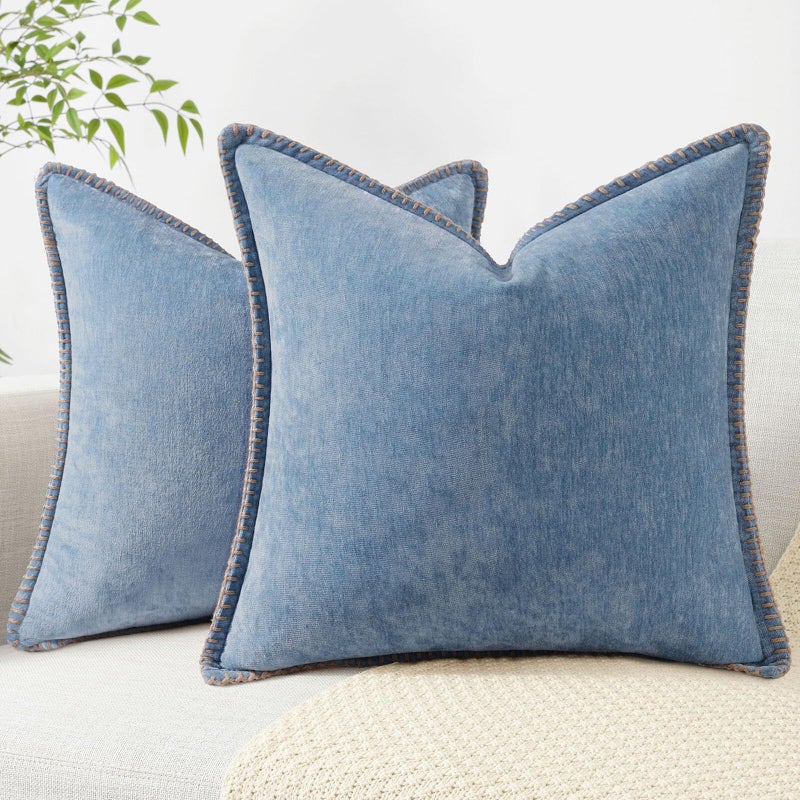 decorUhome Spring Chenille Soft Cozy Throw Pillow Covers 16x16 Set of 2, Modern Farmhouse Boho Velvet Decorative Pillow Cases with Stitched Edge for Couch Sofa Bed Home Decor, Blue - Image 1