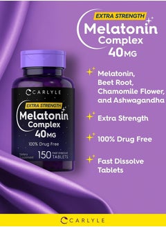 CARLYLE Melatonin 40mg Complex | 150 Fast Dissolve Tablets | Extra Strength Support | with Ashwagandha and Chamomile | Vegetarian, Non-GMO, Gluten Free Supplement  - Image 4