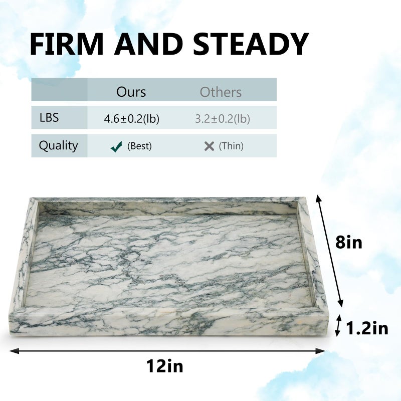 Zilukar Real Natural Marble Tray for Bathroom, Vanity, Kitchen and Desktop, Rectangle Genuine Marble Stone Tray for Jewelry, Cosmetics, Candles, Lotion, Perfume (Cyan-Green, 12" x 8" x 1.2") - Image 2