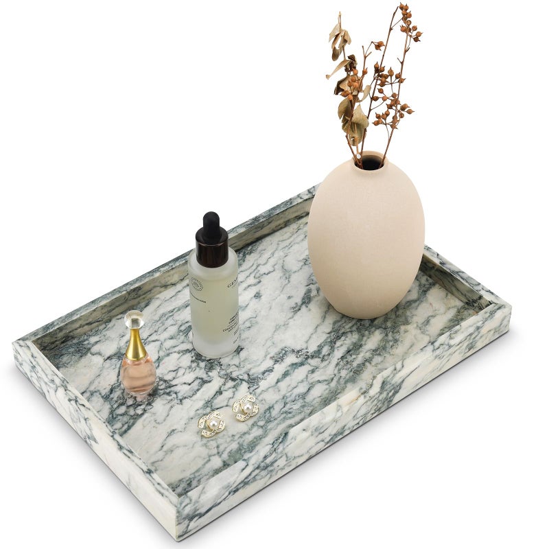 Zilukar Real Natural Marble Tray for Bathroom, Vanity, Kitchen and Desktop, Rectangle Genuine Marble Stone Tray for Jewelry, Cosmetics, Candles, Lotion, Perfume (Cyan-Green, 12" x 8" x 1.2") - Image 1