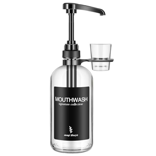 Onsogi Clear Glass Mouthwash Dispenser with Black Cup Holder and Pump, 16 Oz Rustic Boho Mouthwash Dispenser for Bathroom Farmhouse Decor - 1 Pack - Image 1