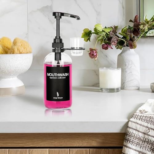 Onsogi Clear Glass Mouthwash Dispenser with Black Cup Holder and Pump, 16 Oz Rustic Boho Mouthwash Dispenser for Bathroom Farmhouse Decor - 1 Pack - Image 4