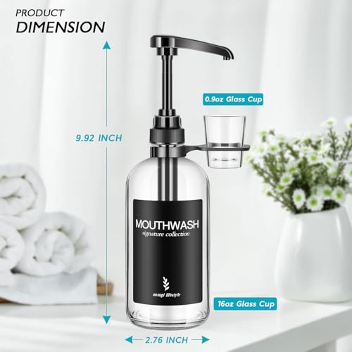 Onsogi Clear Glass Mouthwash Dispenser with Black Cup Holder and Pump, 16 Oz Rustic Boho Mouthwash Dispenser for Bathroom Farmhouse Decor - 1 Pack - Image 3