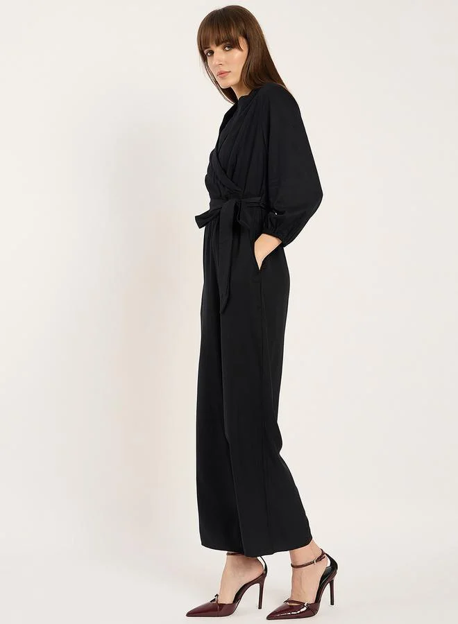 Femmella Femmella Balloon Sleeve Lapel Detail Jumpsuit with Waist Tie-Up