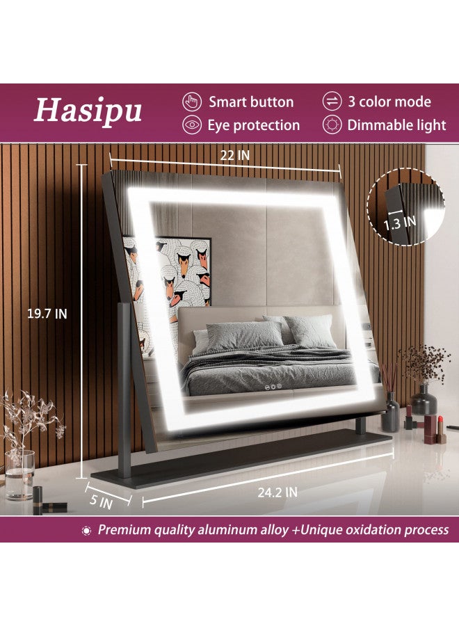 Hasipu Hasipu Vanity Mirror with Lights, 24.2" x 19.7" LED Makeup Mirror, Light up Mirror with 10X Magnification and USB, Phone Holder, Smart Touch 3 Colors Dimmable, 360° Rotation (Right Angle Black)  - Image 4