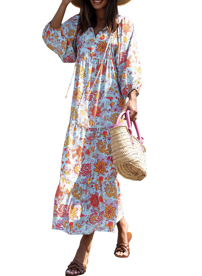 miduo Womens Maxi Dress Short Sleeve V Neck Summer Spring Fashion Loose Floral Beach Bohemian Long Maxi Dresses M - Image 1