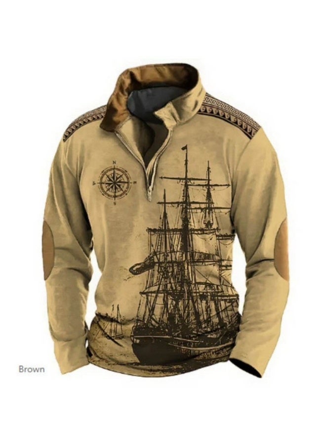 نيبمينينت سويت شيرت رجالي فضفاض بأكمام طويلة بتصميم ثلاثي الأبعاد ونقوش بحرية عتيقة مع ياقة قائمة وسحاب نصف بطول نيبمنينت - Image 1