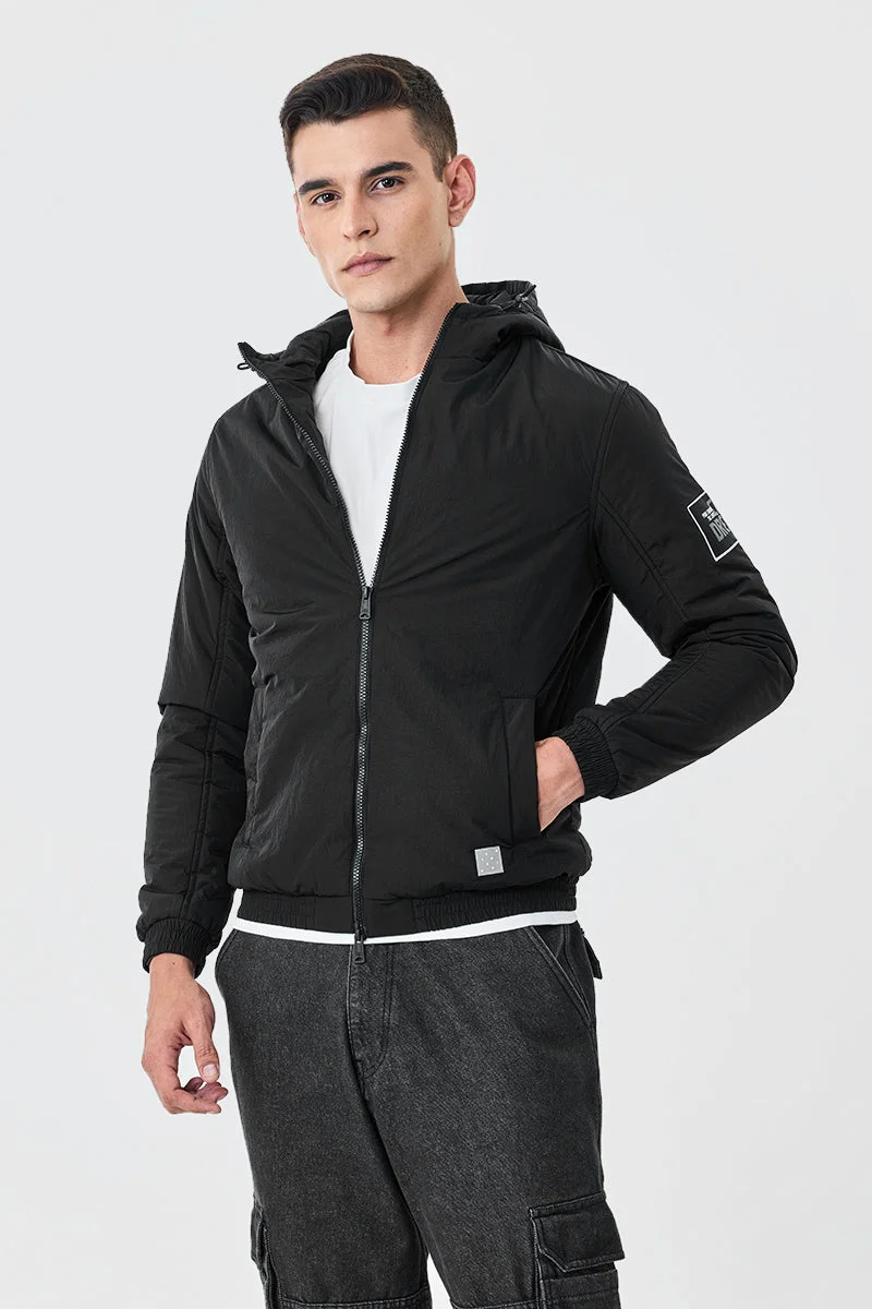 سنيتش Black Solid Long Sleeve Regular Fit Streetwear Jacket