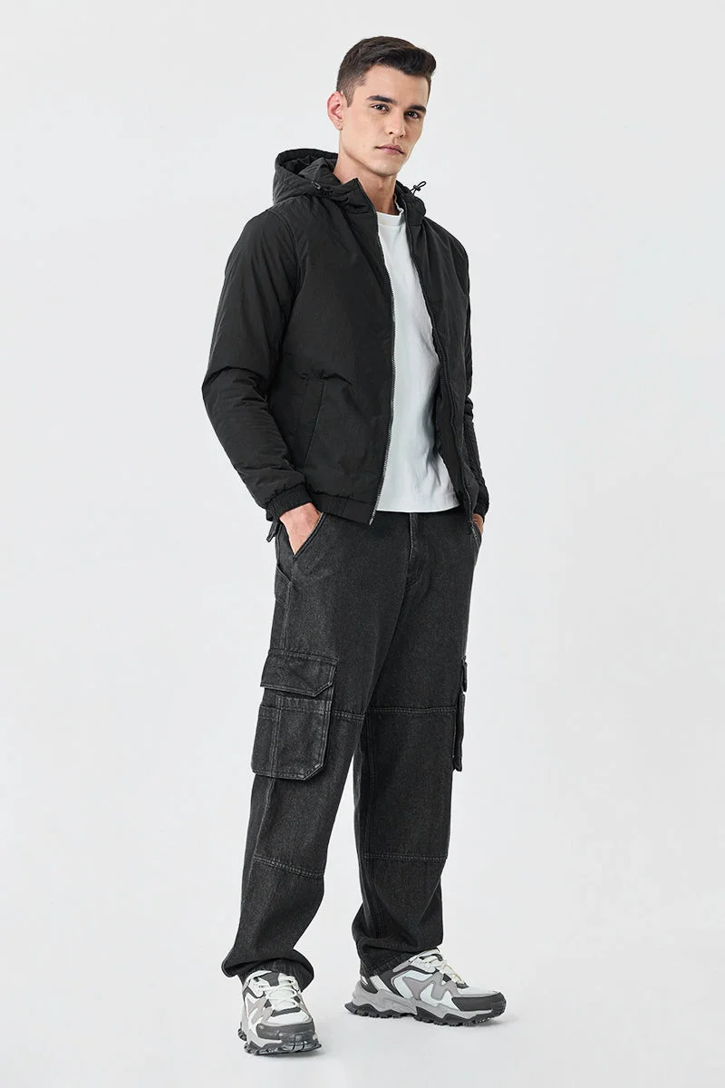 سنيتش Black Solid Long Sleeve Regular Fit Streetwear Jacket