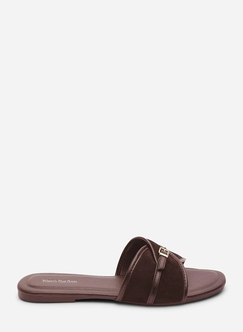 Where's That From Cevora Cross Over Buckle Dark Brown Suede Slide on Sandal