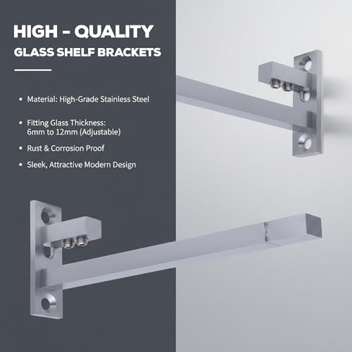 Atlantic F Type Glass Shelf Bracket 6 inch (Stainless Steel, Silver Matt Finish, Adjustable 6/8/10/12 mm, Pack of 12 Piece) - Image 2