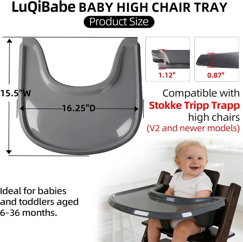 LuQiBabe Baby High Chair Tray Compatible with Stokke Tripp Trapp V2+, Replacement Tray for Stokke High Chair, Smooth Surface & Strong Suction, BPA-Free & Dishwasher Safe, Toddlers 6–36 Months - Grey - Image 2