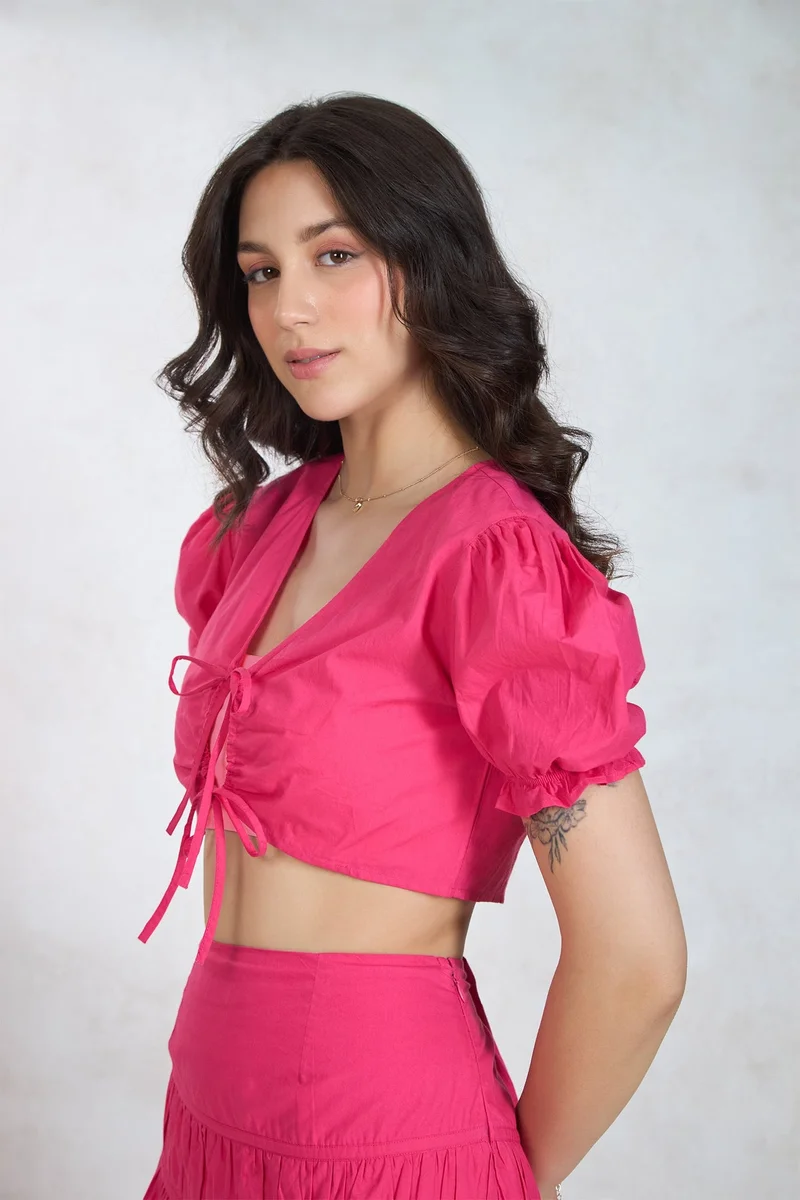 Virgio Pink Solid Cotton Tieup Crop Top With Puff Sleeves for Women for Women | Best Price UAE