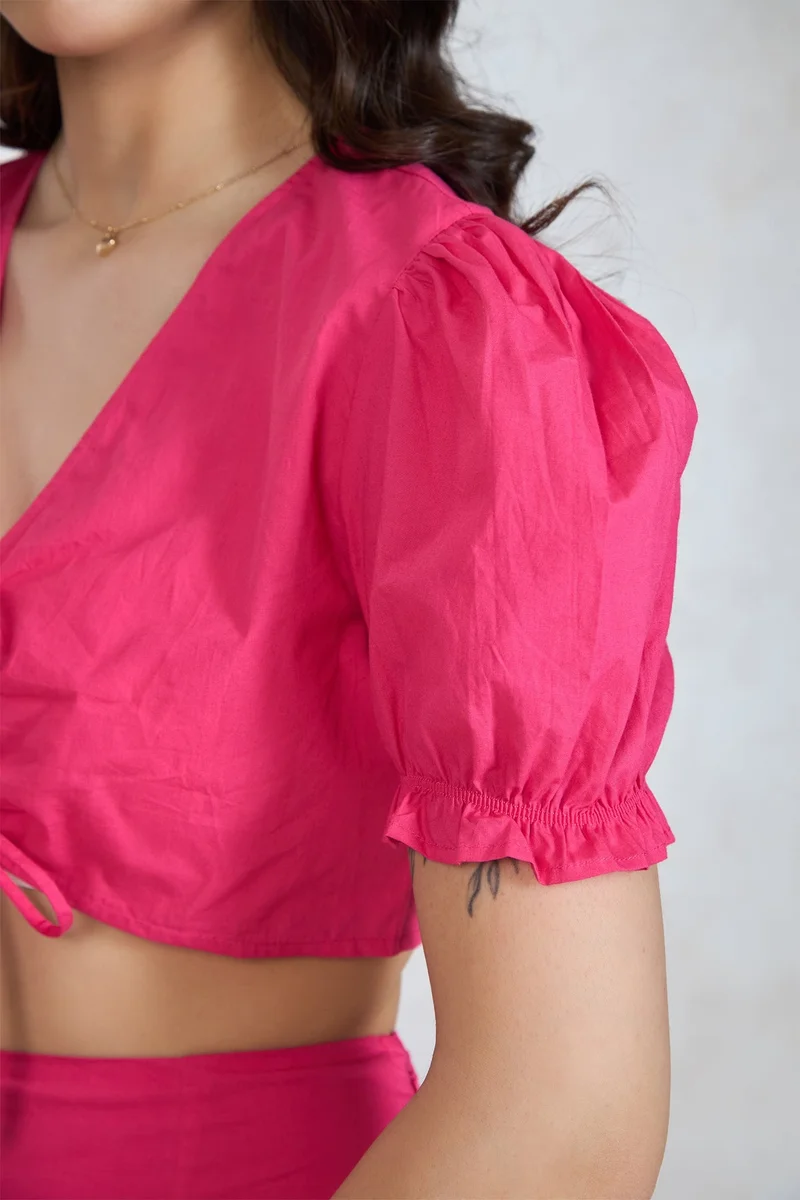 Virgio Pink Solid Cotton Tieup Crop Top With Puff Sleeves for Women for Women | Best Price UAE