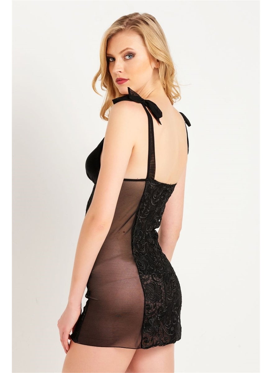 Magic Form - 7290 Women's Black Velvet Fabric Prada Lace Nightgown - Image 1
