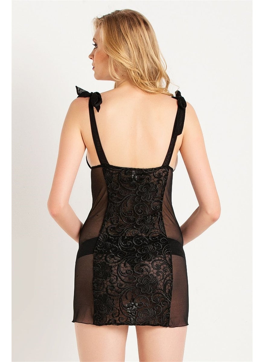 Magic Form - 7290 Women's Black Velvet Fabric Prada Lace Nightgown - Image 1