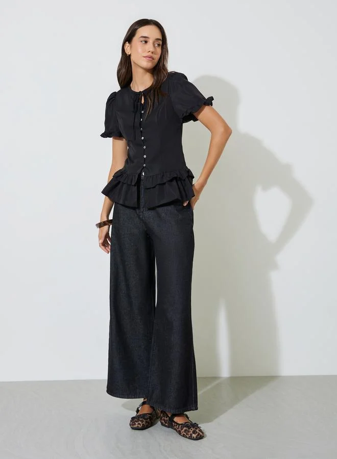 تايك تو Black Ruffled Short Sleeve Top