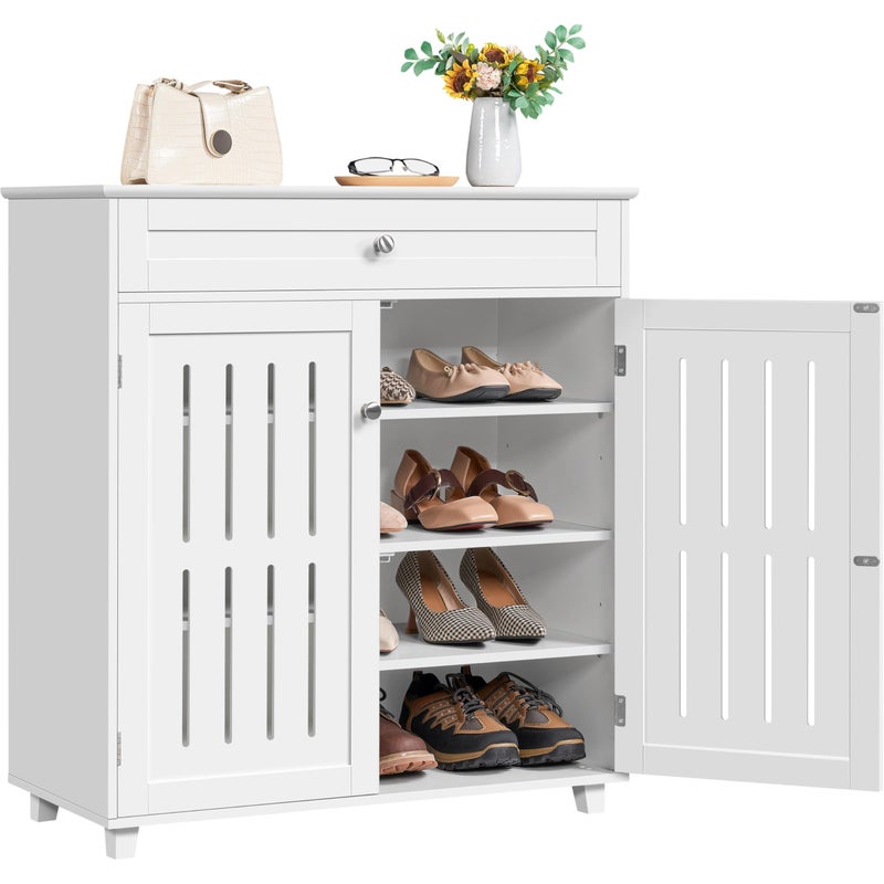 Yaheetech Shoe Cabinet 4Tier Shoe Storage Cabinet with Drawer Adjustable Shelves Wooden Shoe Rack Organizer with Louvered Doors for Entryway Hallway Closet Living Room White