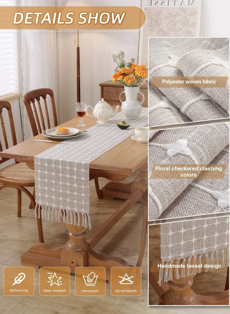 Boho Style Burlap Linen Table Runner - Handcrafted Rustic 72 Coffee Table Runner for Dining Party & Holiday Decor - Home Dining Tea Kitchen Decor (Khaki Check, 13x72 Inch) - Image 3