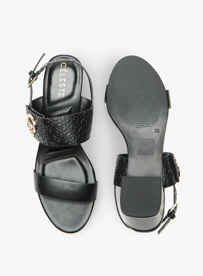 Celeste Women Logo Embossed Sandals with Block Heels and Buckle Closure