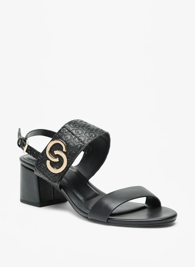 Celeste Women Logo Embossed Sandals with Block Heels and Buckle Closure