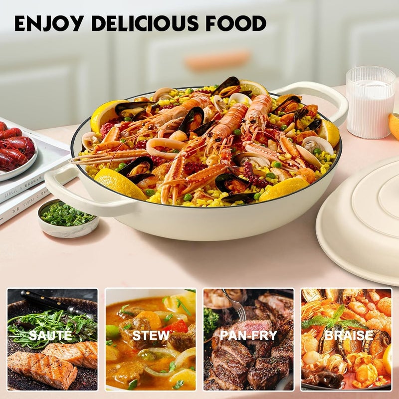 Overmont Enameled Cast Iron Dutch Oven - 3.8 Quart Dutch Oven Pot with Lid - Shallow Cookware Braising Pan - Cast iron Casserole with Cookbook & Heat-resistant Caps - Oven Safe up to 500Â° F - Image 2