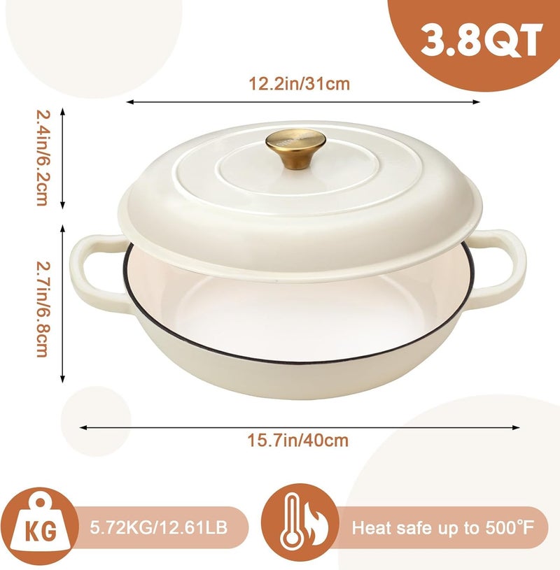 Overmont Enameled Cast Iron Dutch Oven - 3.8 Quart Dutch Oven Pot with Lid - Shallow Cookware Braising Pan - Cast iron Casserole with Cookbook & Heat-resistant Caps - Oven Safe up to 500Â° F - Image 5