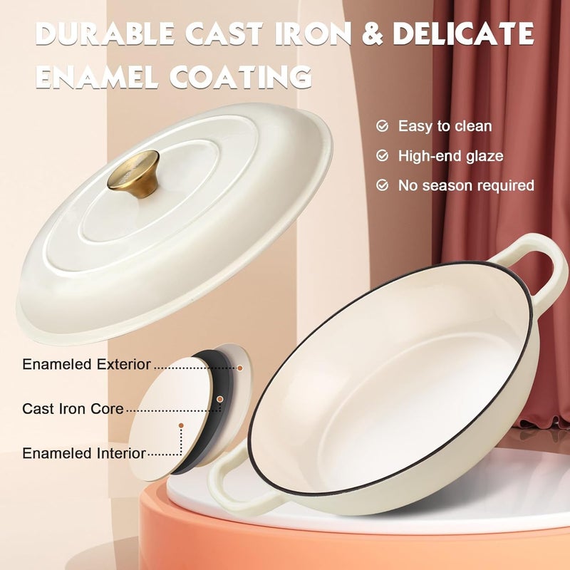 Overmont Enameled Cast Iron Dutch Oven - 3.8 Quart Dutch Oven Pot with Lid - Shallow Cookware Braising Pan - Cast iron Casserole with Cookbook & Heat-resistant Caps - Oven Safe up to 500Â° F - Image 3