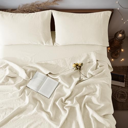 LBRO2M 100 Pure Linen Sheet Set Deep Pocket Up to 16 Bed Sheets Sets Natural Flax Beddings Soft Breathable Comfortable for All Seasons 4 Pcs Sheet Set Queen Size Beige - Image 1