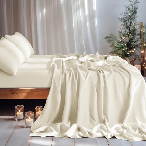 LBRO2M 100 Pure Linen Sheet Set Deep Pocket Up to 16 Bed Sheets Sets Natural Flax Beddings Soft Breathable Comfortable for All Seasons 4 Pcs Sheet Set Queen Size Beige - Image 3