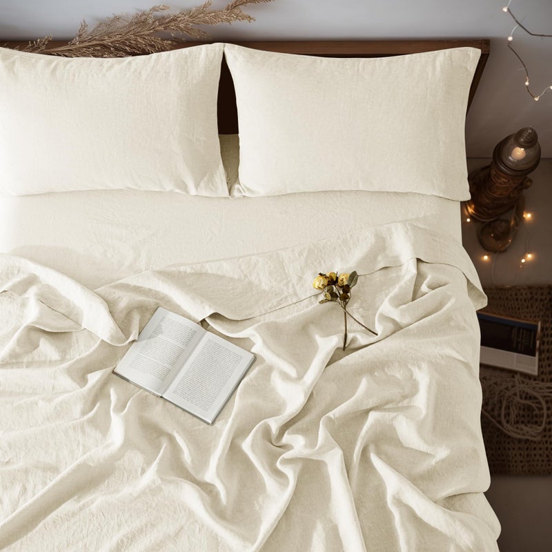 LBRO2M 100 Pure Linen Sheet Set Deep Pocket Up to 16 Bed Sheets Sets Natural Flax Beddings Soft Breathable Comfortable for All Seasons 4 Pcs Sheet Set Queen Size Beige - Image 2