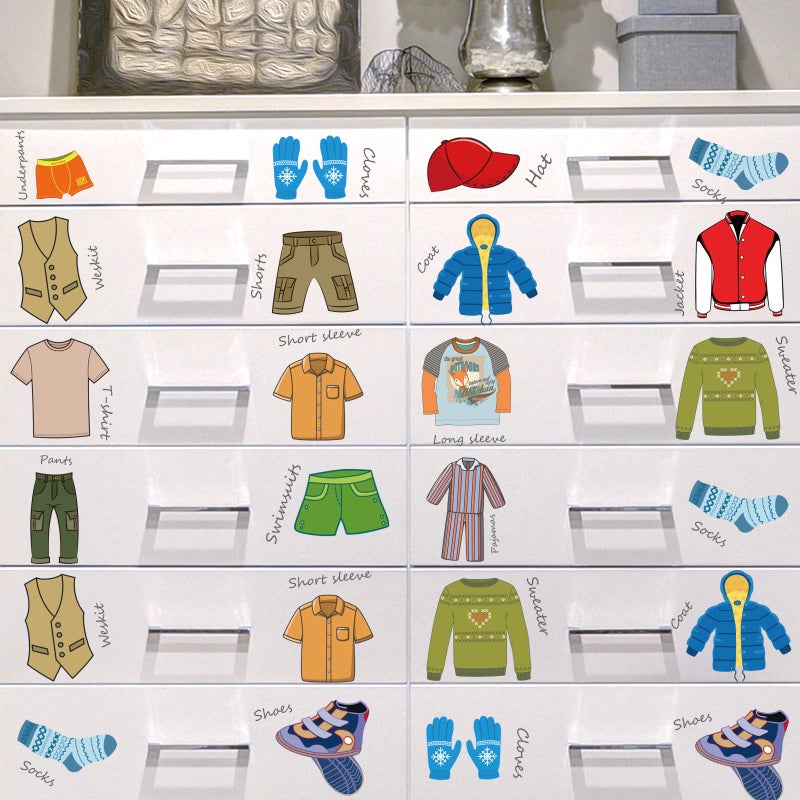Chinco Chinco 32 Count Dresser Clothing Decals 4 Sheets Wardrobe Stickers Dresser Labels for Kids Decals Kid Clothes Labels Drawer Wall Stickers Bedroom Home Decor Boy Style