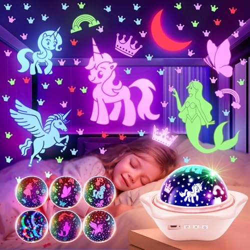One Fire Onefire Girl Gifts, 6 Films Light Projector Unicorn Toys for Girls Age 4-6,Rechargeable Night Lights for Bedroom,360° Rotating Butterfly Lamp for Room Decor,Mermaid Princess Toddler Toys Toddler Gifts - Image 1